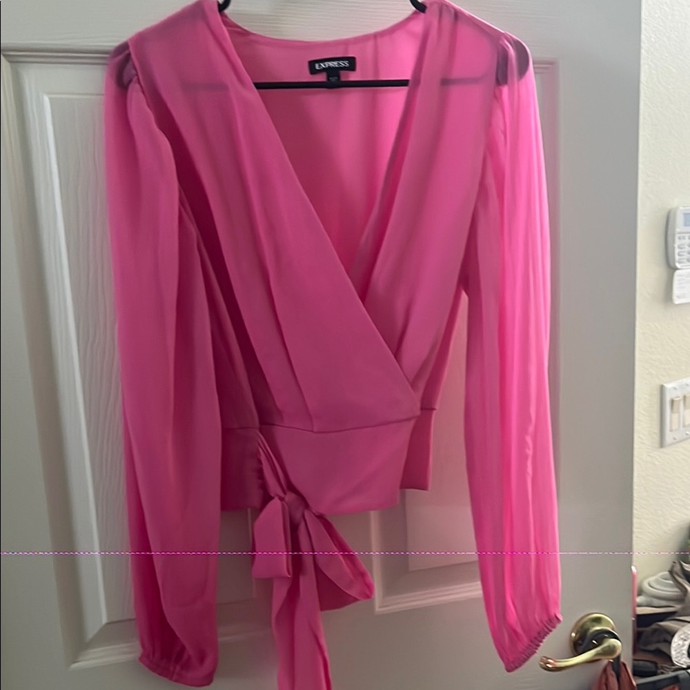 Express Pink Long Sleeve Wrap Blouse